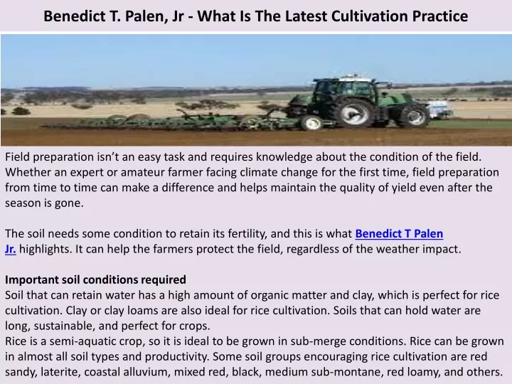 benedict t palen jr what is the latest cultivation practice