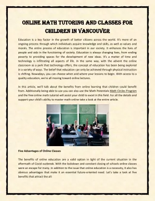 Online Math tutoring and classes for children in Vancouver