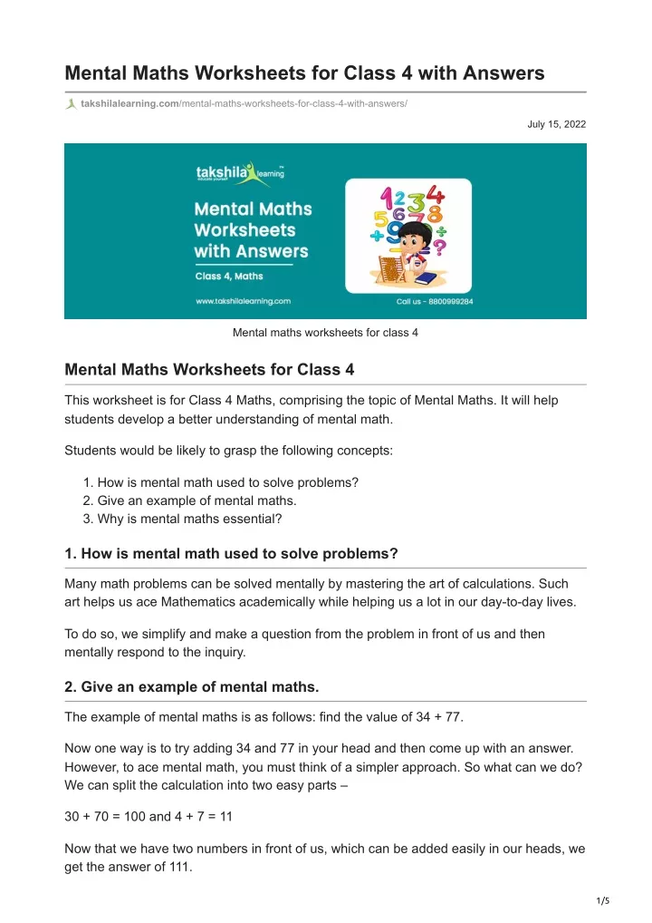 mental maths worksheets for class 4 with answers