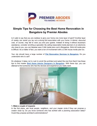 Simple Tips for Choosing the Best Home Renovation in Bangalore by Premier Abodes