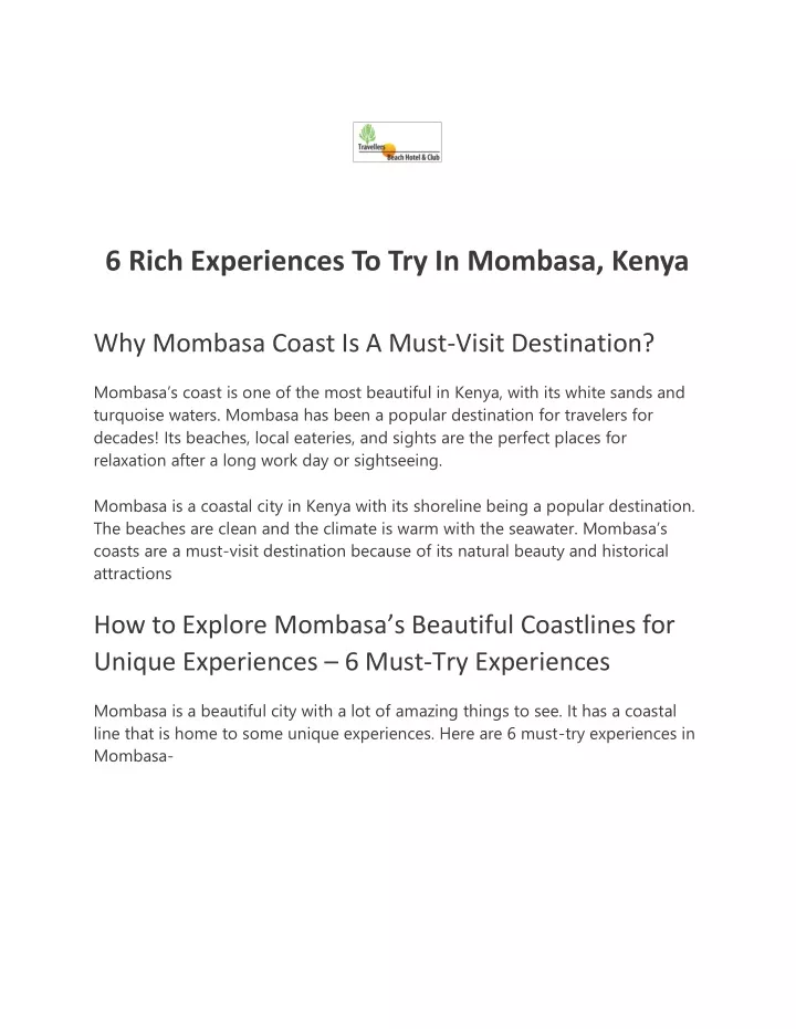 6 rich experiences to try in mombasa kenya