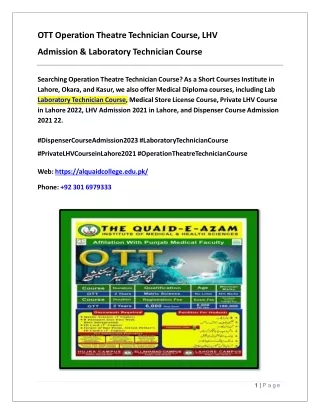 OTT Operation Theatre Technician Course, LHV Admission & Laboratory Technician Course