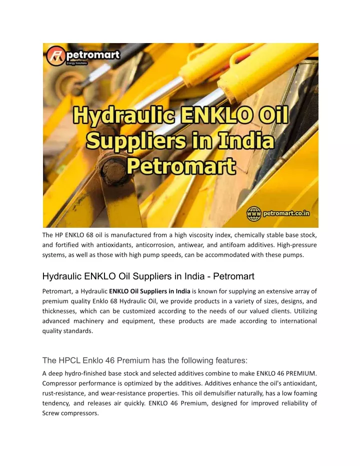 the hp enklo 68 oil is manufactured from a high