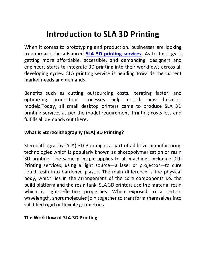 introduction to sla 3d printing when it comes