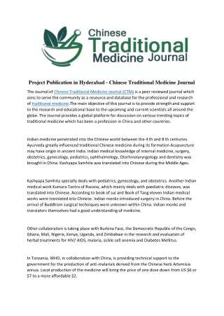 Project Publication in Hyderabad - Chinese Traditional Medicine Journal