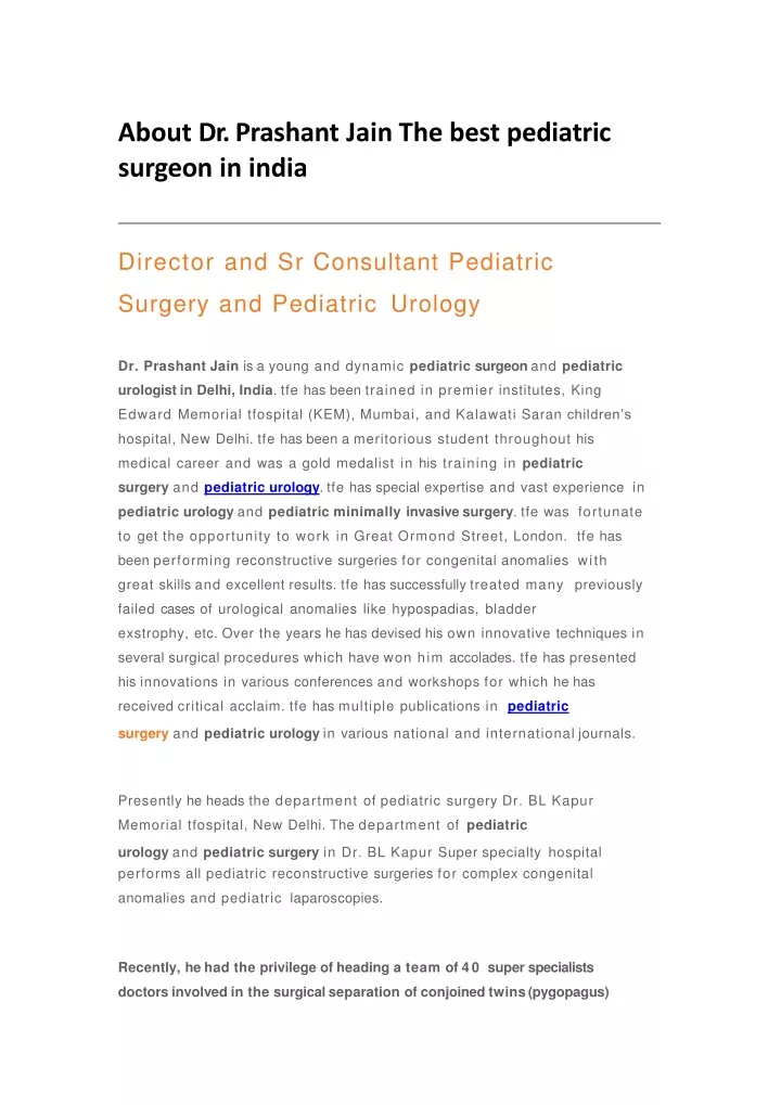 about dr prashant jain the best pediatric surgeon