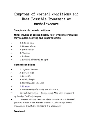 Symptoms of corneal conditions and Best Possible Treatment at mumbaieyecare