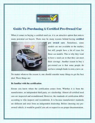 Guide To Purchasing A Certified Pre-Owned Car