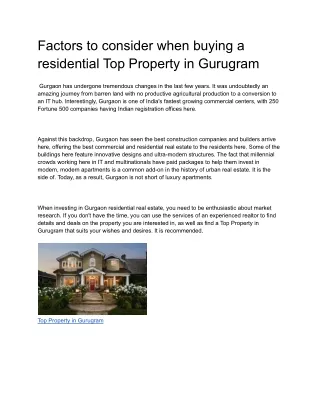 Factors to consider when buying a residential Top Property in Gurugram