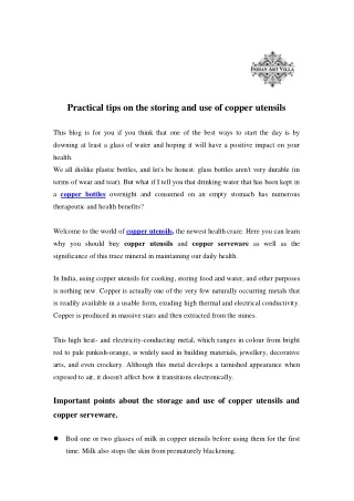 Practical tips on the storing and use of copper utensils