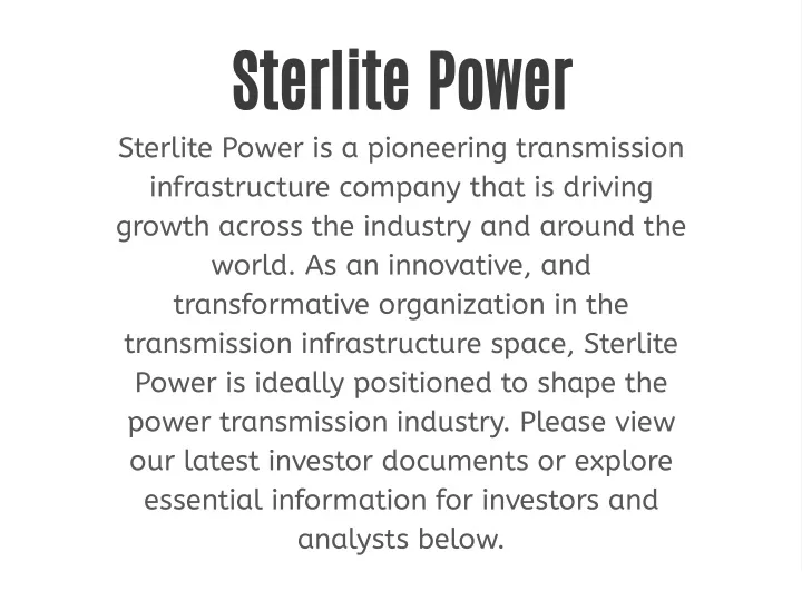 sterlite power sterlite power is a pioneering