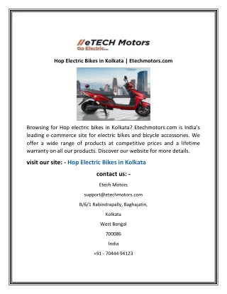 Hop Electric Bikes in Kolkata Etechmotorscom