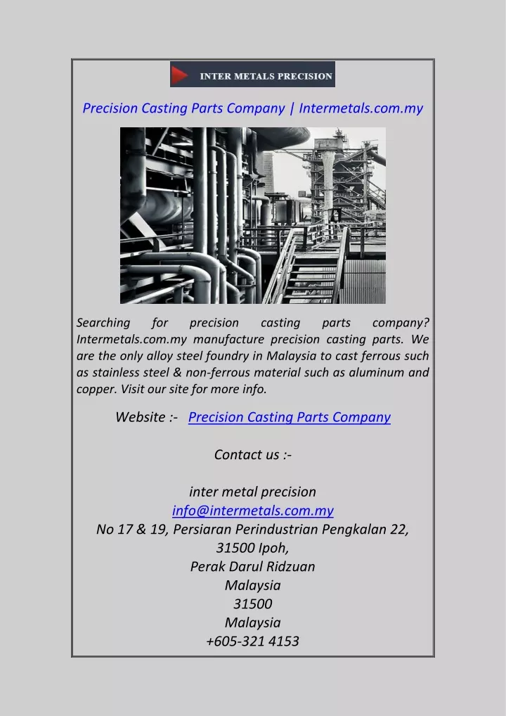 precision casting parts company intermetals com my