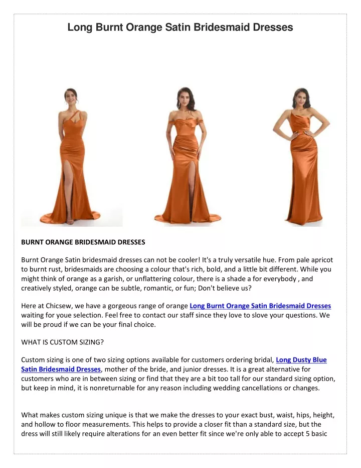 long burnt orange satin bridesmaid dresses