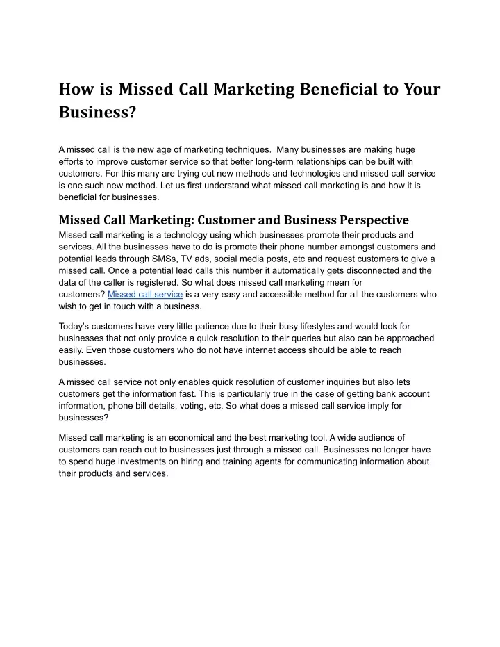 how is missed call marketing beneficial to your