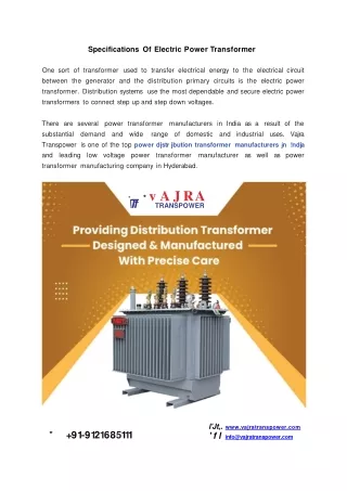 Specifications Of Electric Power Transformer