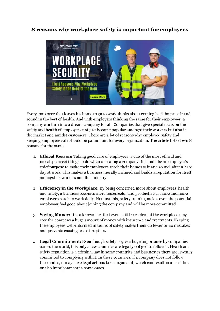 8 reasons why workplace safety is important