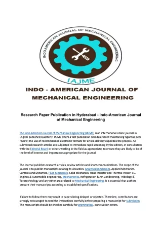 Research Paper Publication in Hyderabad - Indo-American Journal of Mechanical Engineering