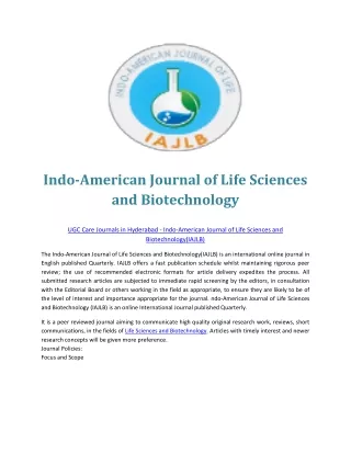 IAJLB  UGC Care Journals in Hyderabad - The Indo-American Journal of Life Scienc