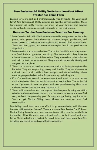 Zero Emission AG Utility Vehicles – Low-Cost &Best Tractor For Small Farm