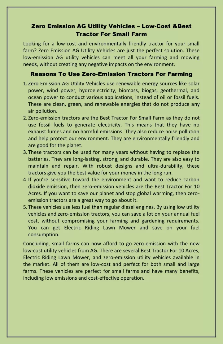 zero emission ag utility vehicles low cost best