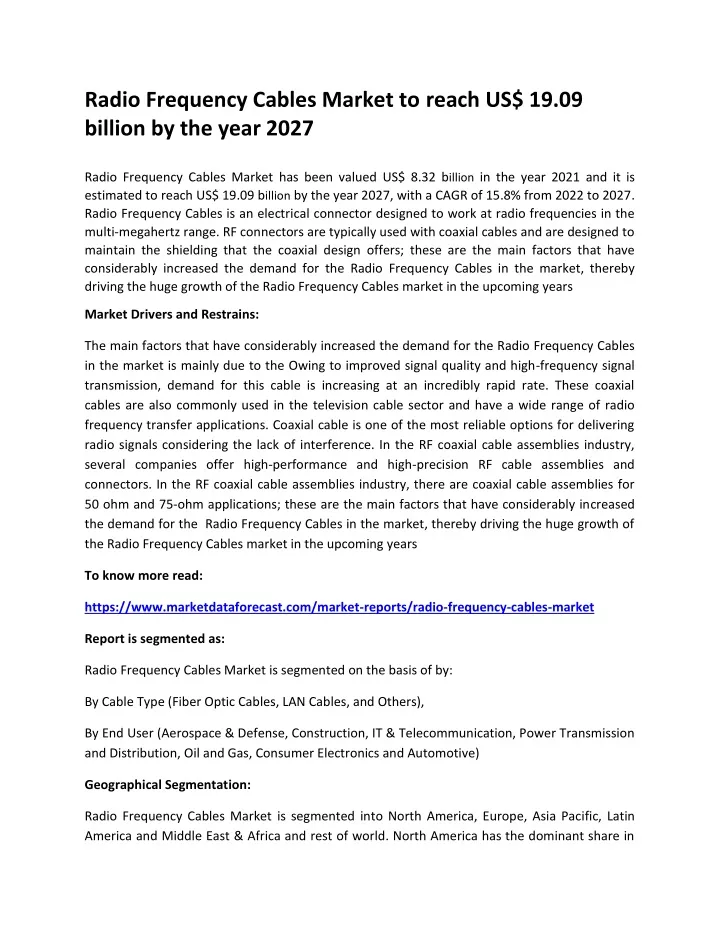 radio frequency cables market to reach