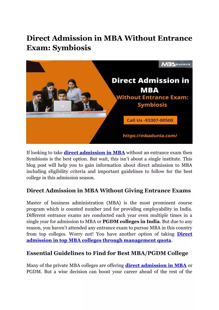 direct admission in mba without entrance exam
