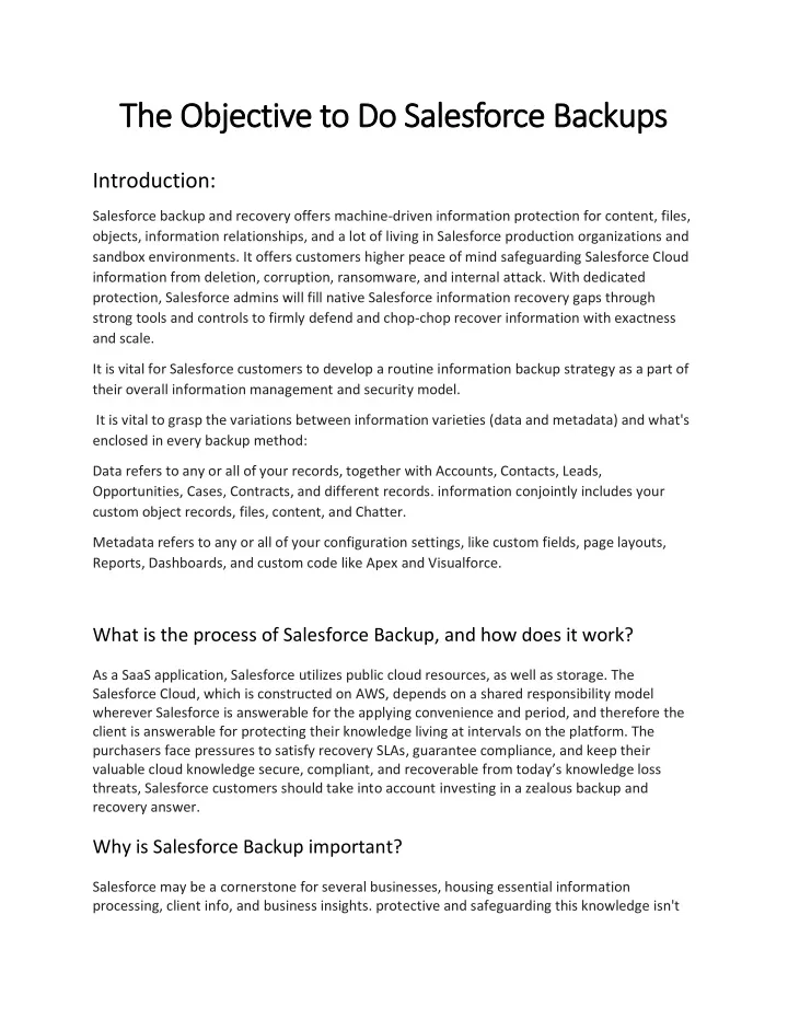 the objective to do salesforce backups