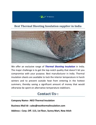 Thermal Sheeting Insulation supplier in India.