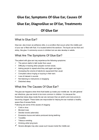 Glue Ear, Symptoms Of Glue Ear, Causes Of Glue Ear, DiagnoGlue se Of Ear, Treatments Of Glue Ear