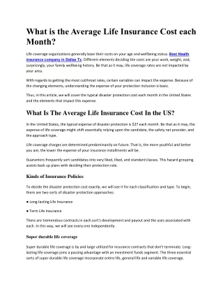 What is the Average Life Insurance Cost each Month