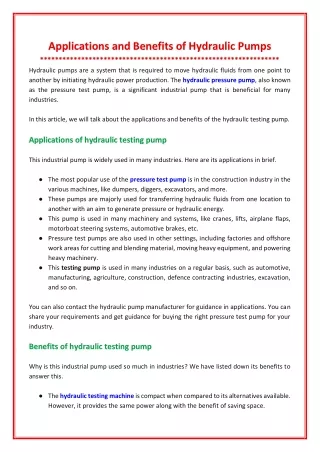 applications and benefits of hydraulic pumps