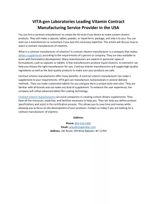 VITA-gen Laboratories Leading Vitamin Contract Manufacturing Service Provider in the USA