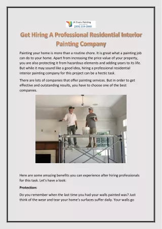 Get Hiring A Professional Residential Interior Painting Company