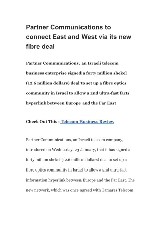 Partner Communications to connect East and West via its new fibre deal