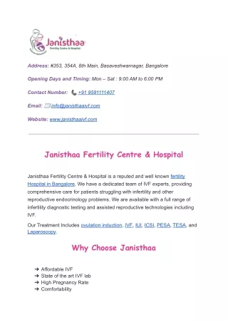 Janisthaa - Best IVF Centre in Basaveshwaranagar, Bangalore