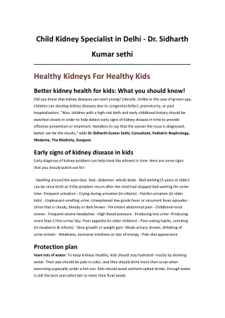 Child Kidney Specialist in Delhi - Dr. Sidharth Kumar sethi