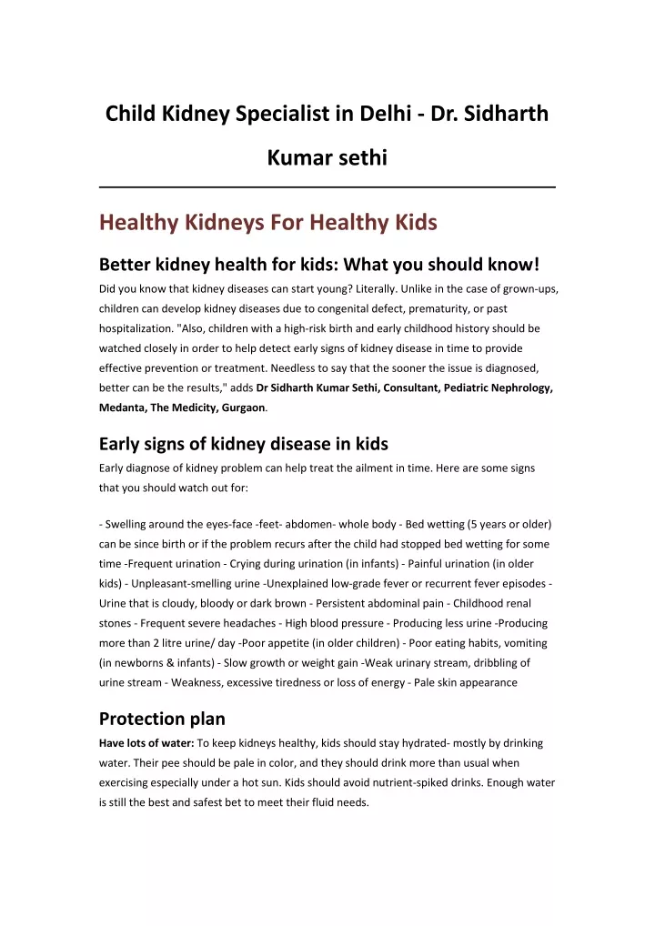 child kidney specialist in delhi dr sidharth