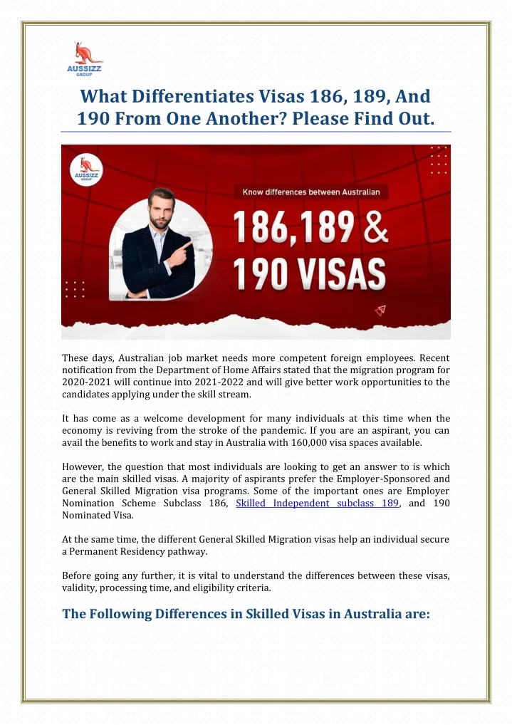what differentiates visas 186 189 and 190 from