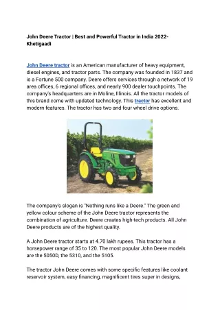 John Deere Tractor | Best and Powerful Tractor in India 2022- Khetigaadi