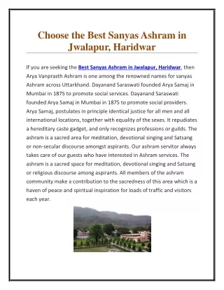 choose the best sanyas ashram in jwalapur haridwar