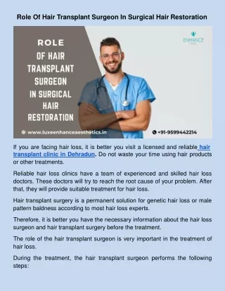 Role Of Hair Transplant Surgeon In Surgical Hair Restoration