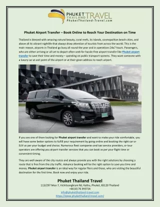 Phuket Airport Transfer – Book Online to Reach Your Destination on Time