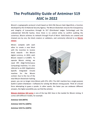 The Profitability Guide of Antminer S19 ASIC in 2022