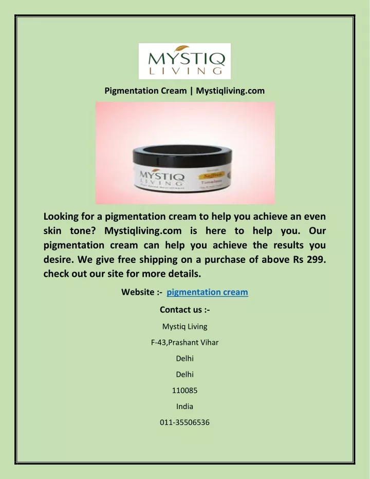 pigmentation cream mystiqliving com