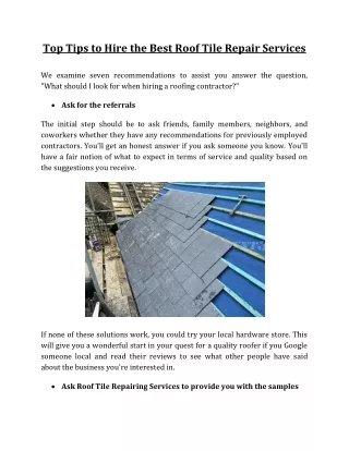 Top Tips to Hire the Best Roof Tile Repair Services
