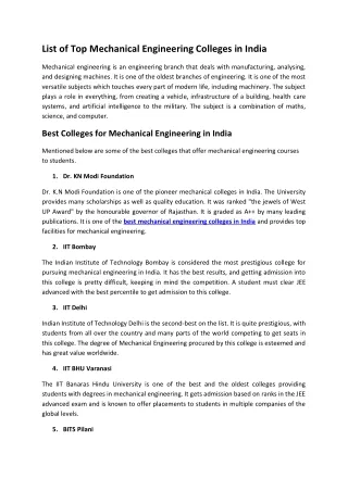 List of Top Mechanical Engineering Colleges in India