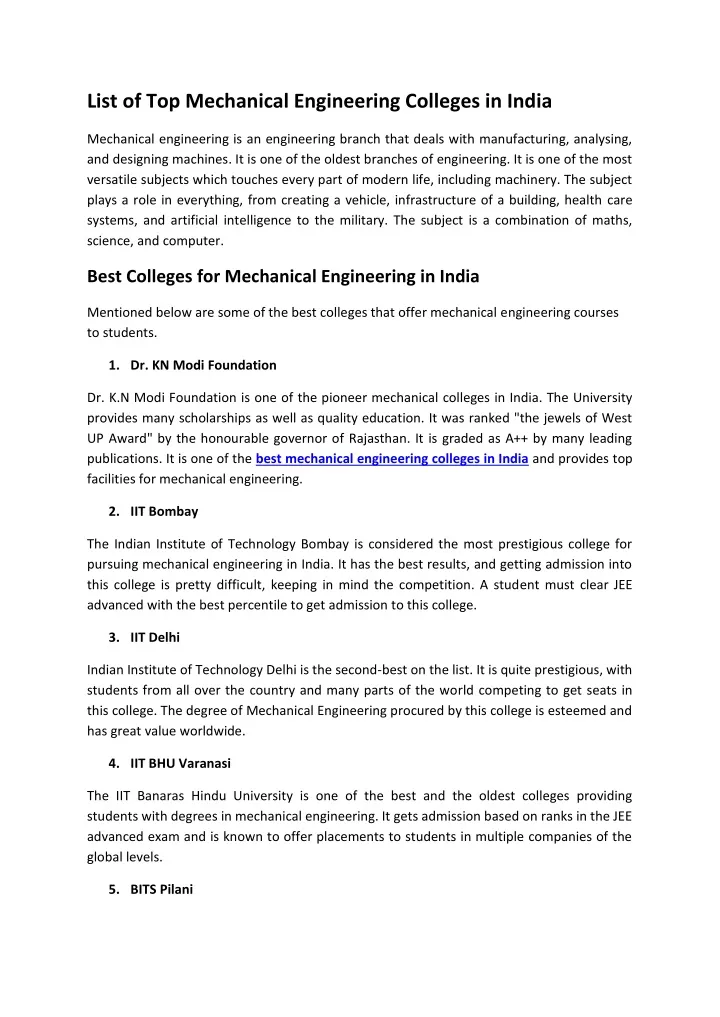 list of top mechanical engineering colleges