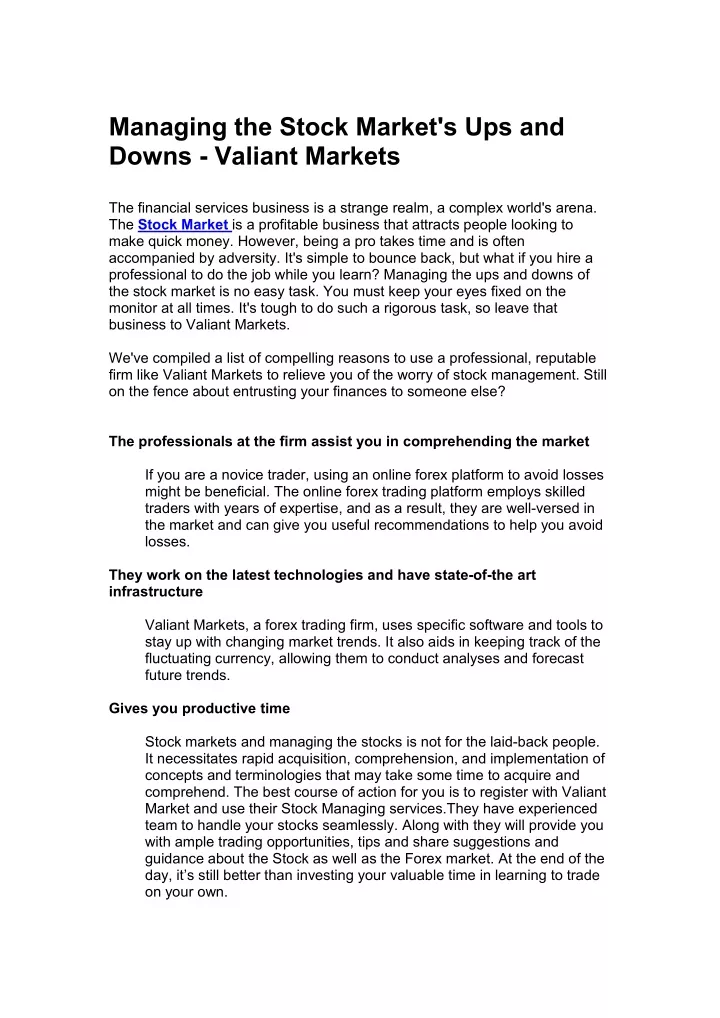 managing the stock market s ups and downs valiant