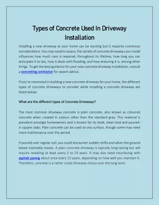 Types of Concrete Used In Driveway Installation